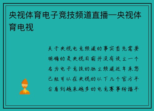央视体育电子竞技频道直播—央视体育电视